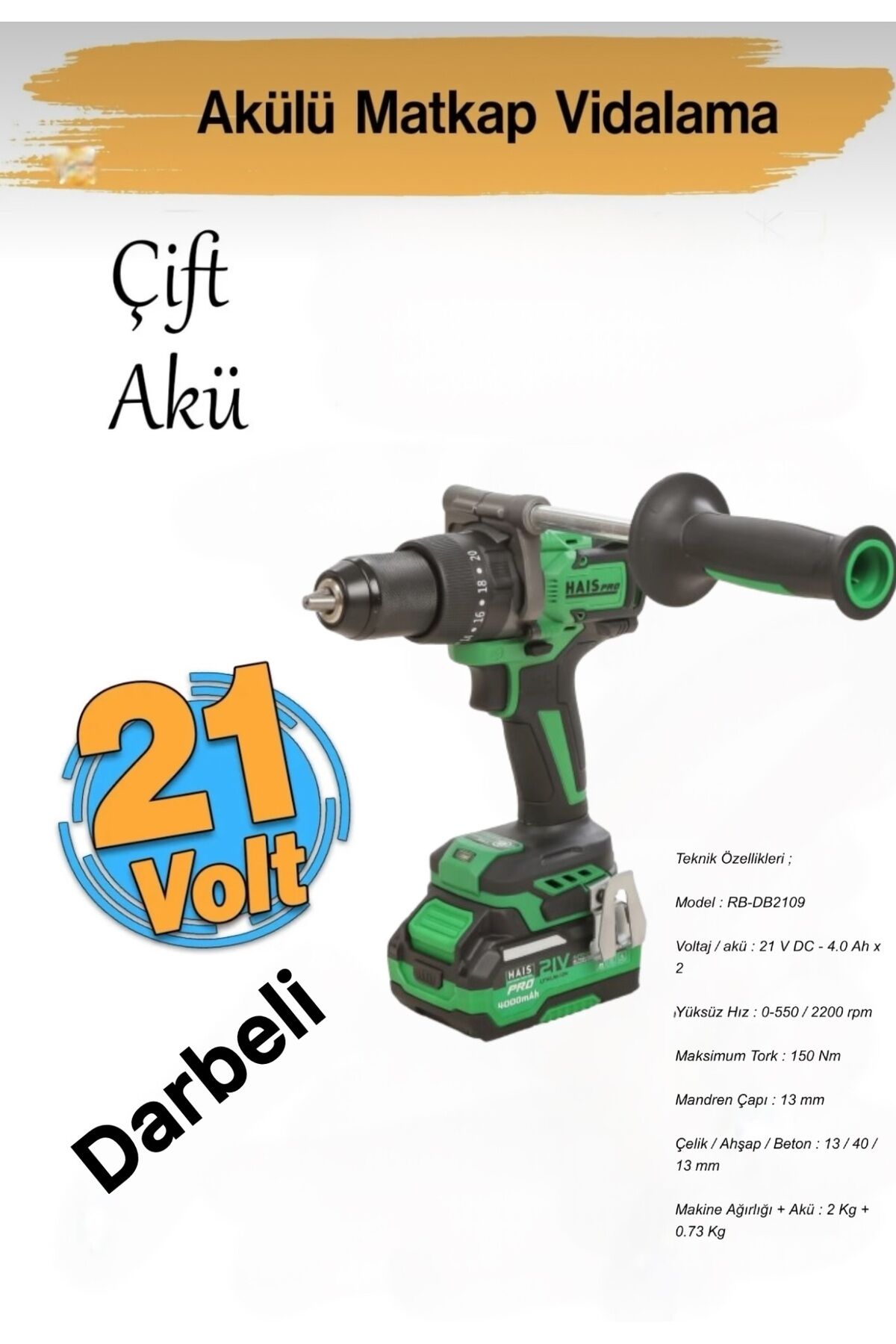 Pro Profesyonel Darbeli Matkap 21 V 4.0 Ah Çift Akülü Kömürsüz Motor